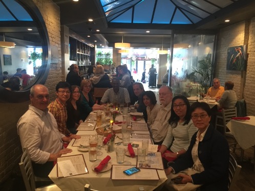 Former students dinner (clockwise from left): Luiz Machado (INPE, Brazil), Zhengzhao (Johnny) Luo (last NASA GISS/Columbia student, faculty CCNY), Joy Romanski (researcher NASA GISS), Lynne Kemen (wife), Ademe Mekonnen (post-doc, faculty North Carolina A&T State), George Tselioudis (first NASA GISS/Columbia student, senior researcher NASA GISS), Narges Shahroudi (penultimate student CCNY), Bill, Junhong Wang (former student, researcher SUNY Albany), Rong Fu (former student, researcher Texas A&M).